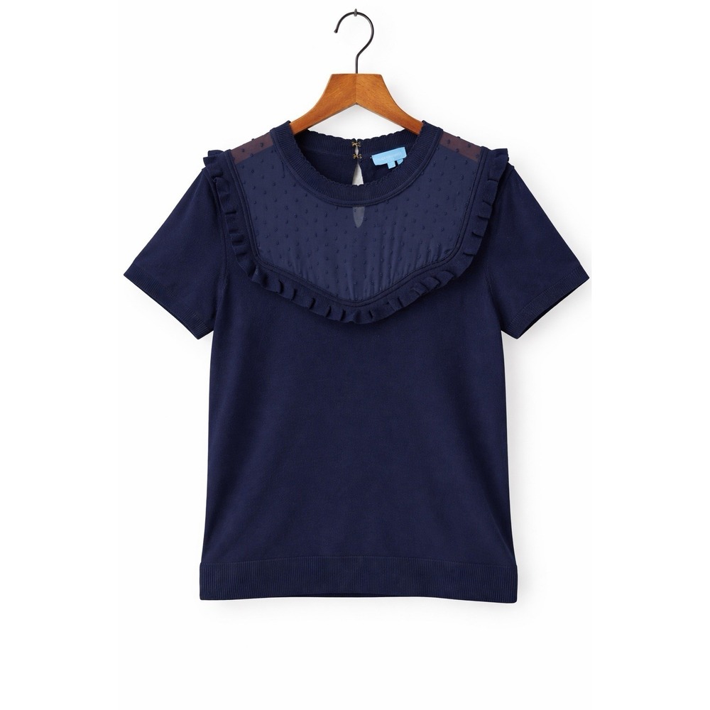 Draper James Navy Ruffle Bib Swiss Dot Knit‎ Top Size Large Preppy Feminine Chic